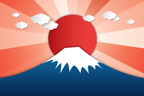 Paper art style Fuji mountain in Japan with red sun shining sunlight from top of mountain in sunset or sunrise. - Vector, Image