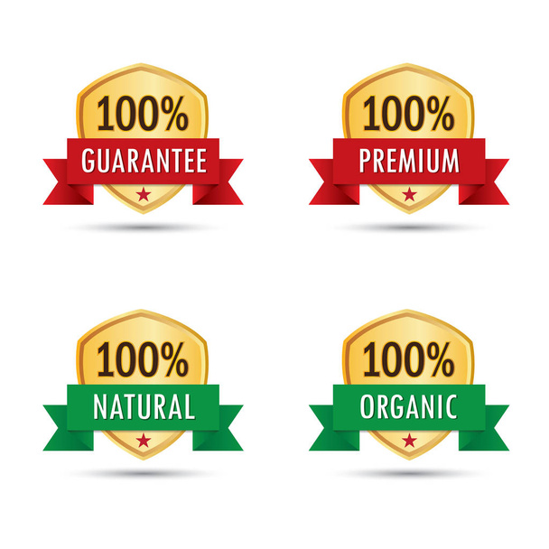 Set of gold badge label icon logo of 100% guarantee, premium, natural, organic product. - ベクター画像