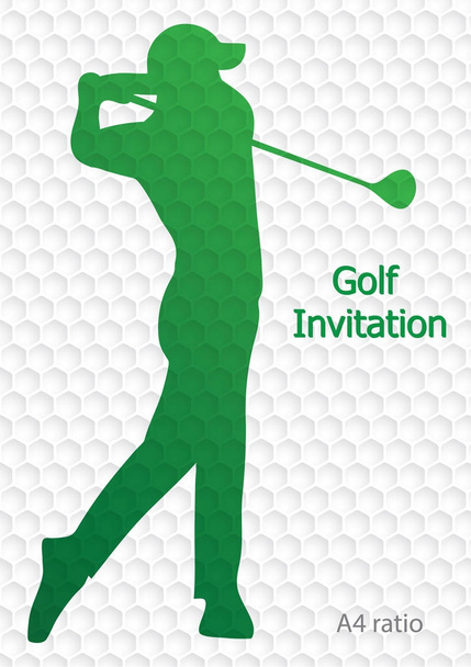 Modèle de flyer d'invitation tournoi de golf conception graphique vectorielle. Golfeur balançant sur la texture de motif de balle de golf. Ratio A4
. - Vecteur, image