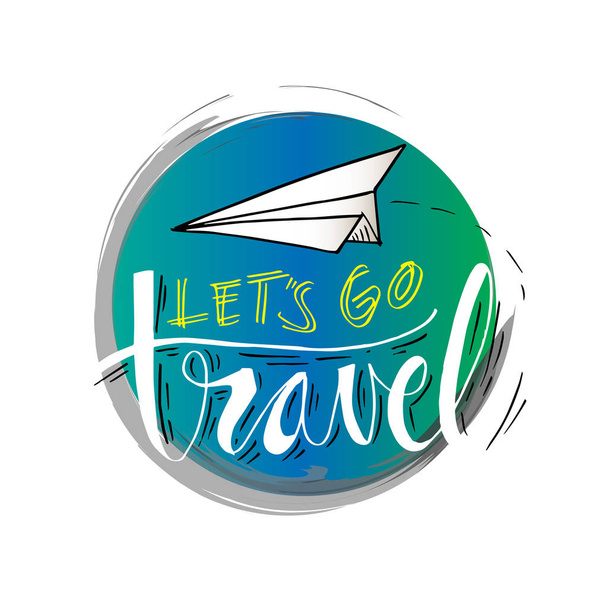 Lets go travel belettering met papier vliegtuig. - Foto, afbeelding