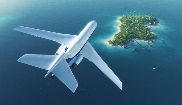 Grand avion de passagers survole l'île tropicale paradisiaque
 - Photo, image