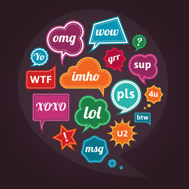 Collection of acronyms and abbreviations on retro vintage colorful speech bubbles - Vector, Image