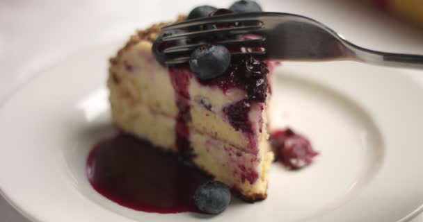 Cutting and serving homemade cake with vanilla cream and blueberries - Footage, Video