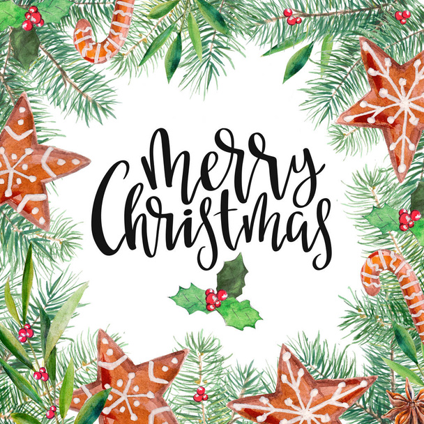 Merry Christmas pattern, gingerbread, firtree, olive, holly and lettering. Watercolor handdrawn illustration isolated on white background. - Foto, Imagem