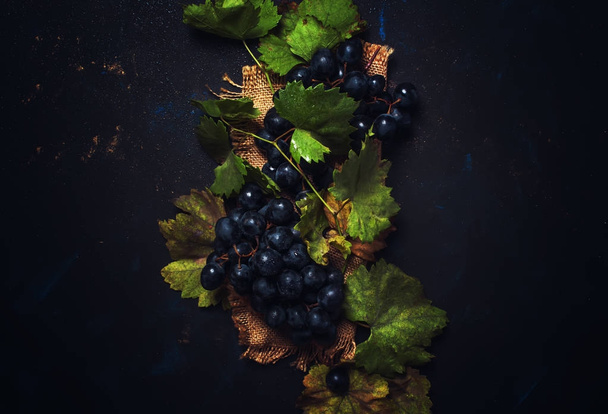 Blue wine grapes with vine, rustic style, top view - Photo, Image