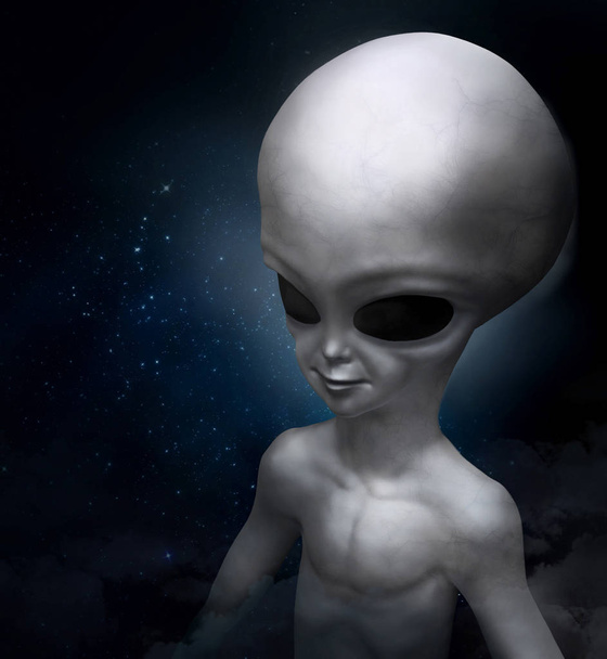 Portrait of a gray alien on the background of the cosmos. 3D illustration - Fotoğraf, Görsel