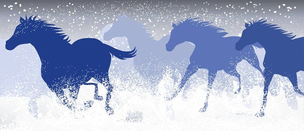Бегущие лошади, Бегущие лошади, снежное поле
,  - Вектор,изображение