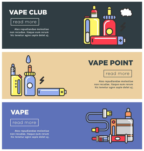 Vape point club informative Internet pages templates with modern electric devices for smoking that produce steam with flavor with sample text and buttons. - Vettoriali, immagini