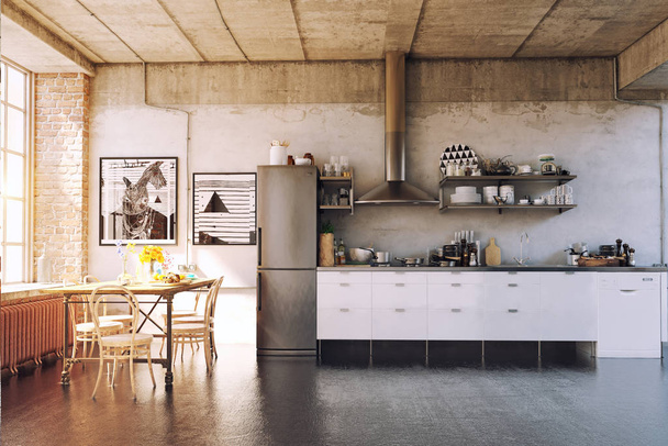 Современный кухонный интерьер мансарды. 3D-рендеринг концепции
 - Фото, изображение