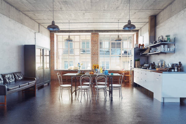 Modern loft kitchen interior. 3d concept rendering - Photo, Image