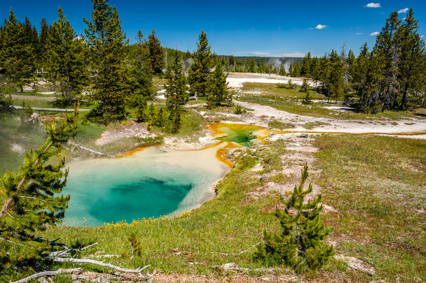Forró termálvizű kútja szolgáltatja a Yellowstone Nemzeti Park, West Thumb gejzír vízgyűjtő terület, Wyoming, Amerikai Egyesült Államok - Fotó, kép