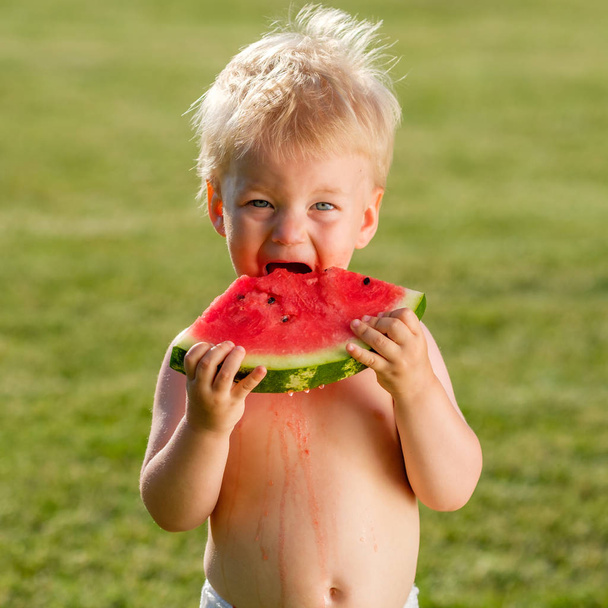 Portrait of baby boy eating watermelon slice in green garden. Dirty messy face of happy kid. - Fotoğraf, Görsel