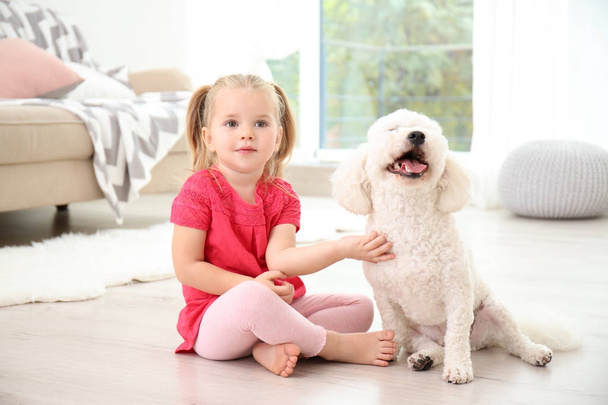 Adorable little girl with her dog at home - Photo, image