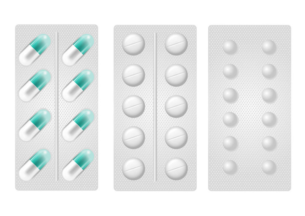 Set di pillole realistiche in blister
. - Vettoriali, immagini
