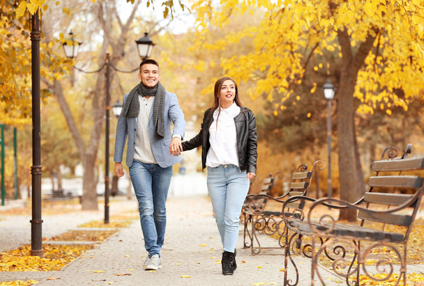 Young couple walking in park on autumn day - Foto, Bild