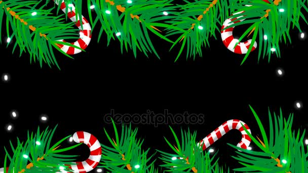 Χριστούγεννα σκελετός σε μαύρο φόντο. Αφηρημένα φόντο με brunch δέντρα, candys και φώτα - Πλάνα, βίντεο