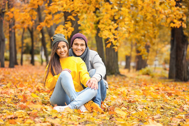 Young couple sitting on ground in autumn park - Фото, изображение