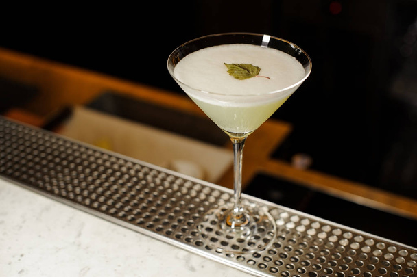Cocktailglas gevuld met verse alcoholische drank versierd met birch leaf - Foto, afbeelding
