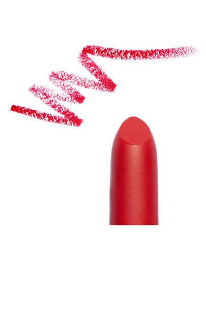Red fashionable lipstick on white background - Photo, Image
