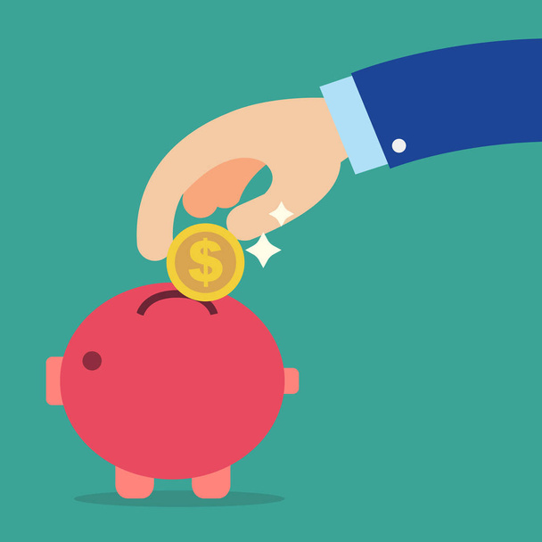 Business hand holding coin into red piggy bank with green background - Vector, Image