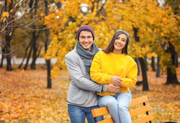 Young couple in park on autumn day - Foto, afbeelding