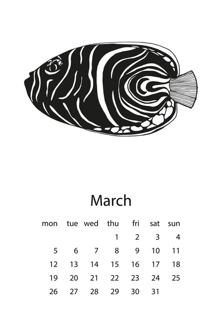 Calendario 2018 con peces en estilo dibujado a mano
.  - Vector, Imagen