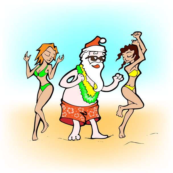 Cartoon santa with girls on beach. - Vector, Image