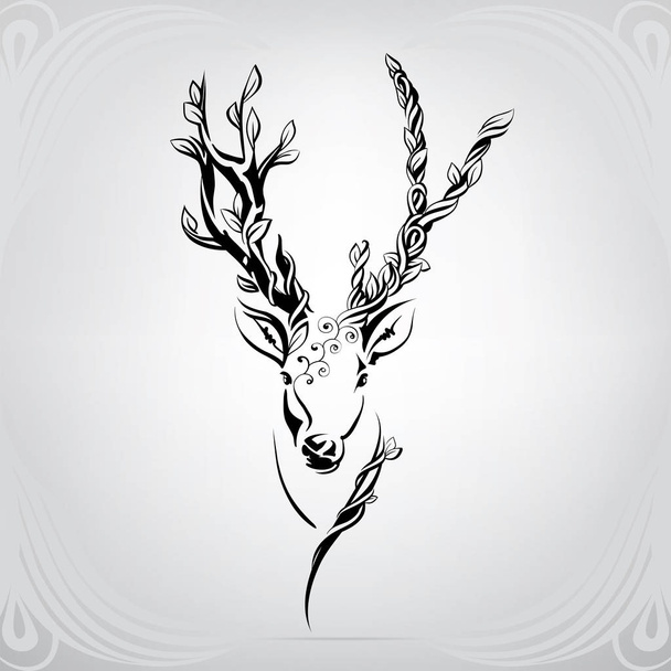 Silhouette of deer in the plant ornament - Wektor, obraz