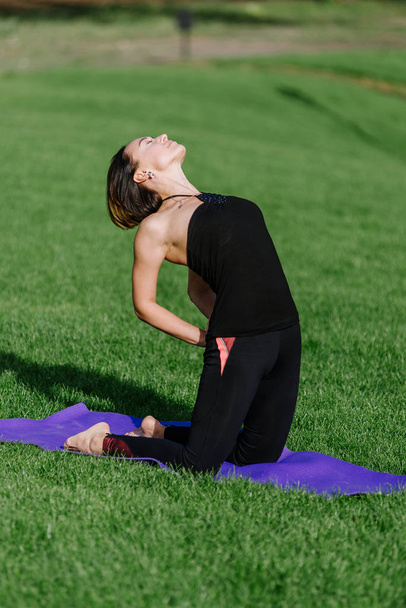 la chica se dedica al yoga en el parque sobre la hierba
. - Foto, imagen
