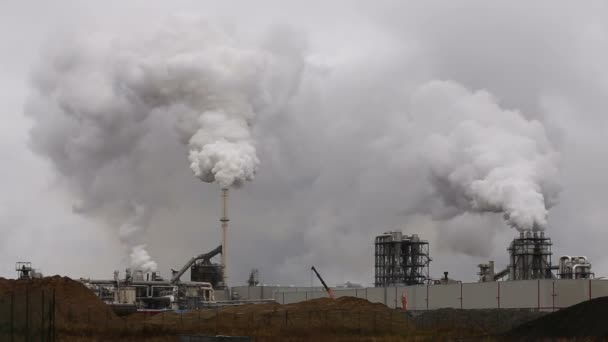 Atmosferische luchtverontreiniging door emissies van industriële rook nu. Pijpen staalbedrijf. Dikke rook en stoom voor de productie van Mdf. - Video