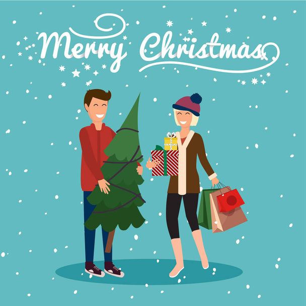 Merry Christmas greeting card, happy man holding Christmas tree and smiling woman holding presents, vector illustration  - ベクター画像