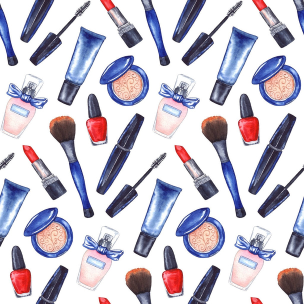 Watercolor women's mascara, cream tube, red lipstick, nail polish manicure cosmetics make up set seamless pattern texture background - Photo, Image