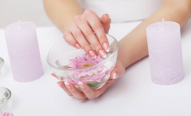woman hands with beautiful french manicure nails - Fotoğraf, Görsel
