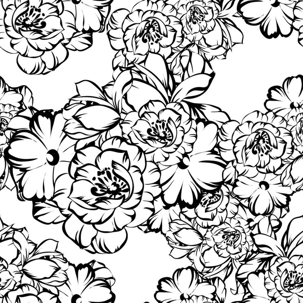 Seamless vintage style ornate flower pattern. Floral elements in contour - Vector, Imagen