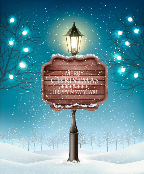Рождественский зимний пейзаж с фонарными столбами. Вектор
 - Вектор,изображение