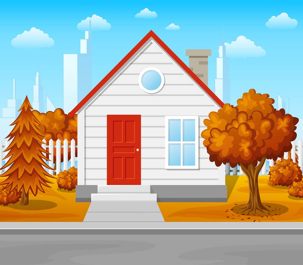 Vorstadthaus mit Herbstbaum und Stadthintergrund - Vektor, Bild