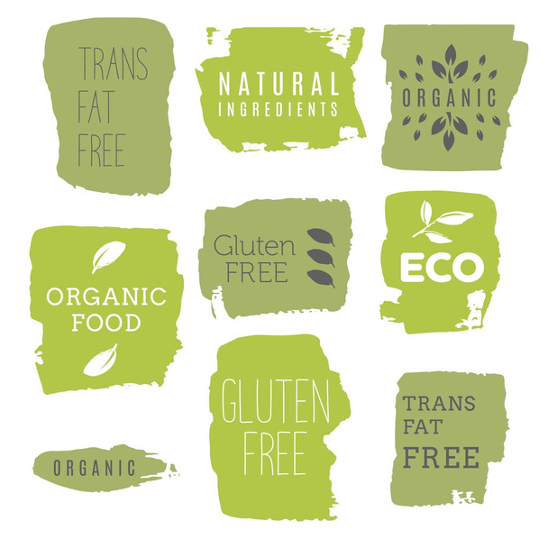 Healthy food icons, labels. Organic tags. Natural product elemen - Vector, Image