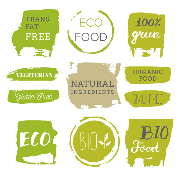 Ícones alimentares saudáveis, rótulos. Etiquetas orgânicas. Elemento de produto natural
 - Vetor, Imagem