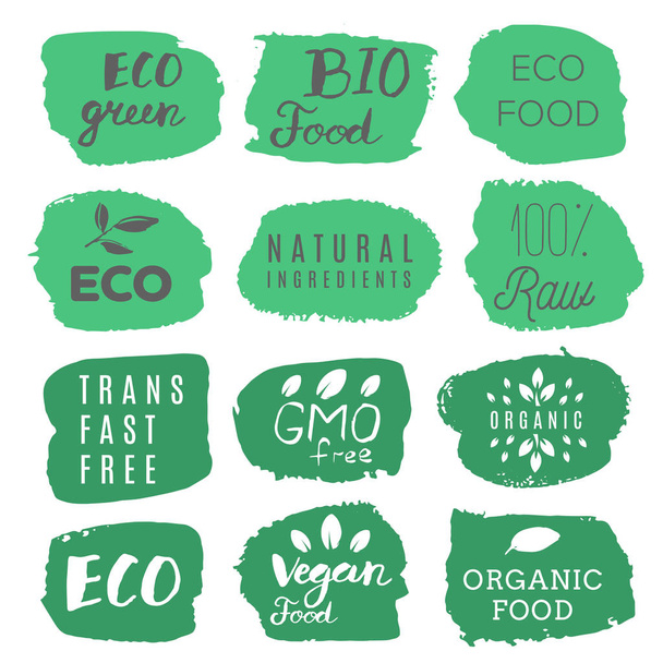 Healthy food icons, labels. Organic tags. Natural product elemen - Vector, afbeelding