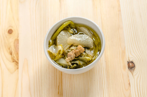 Chinese vegetable stew, mixture of vegetables and pork on wooden background - Fotografie, Obrázek