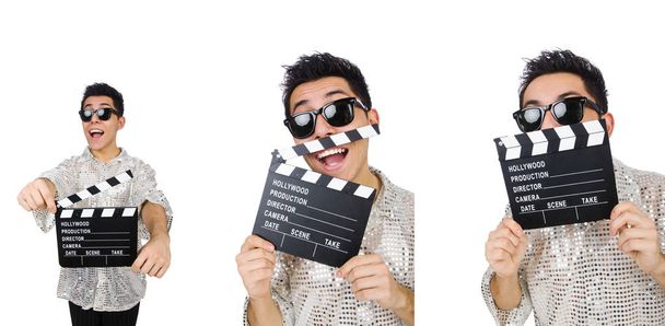 Man met film clapperboard geïsoleerd op wit - Foto, afbeelding