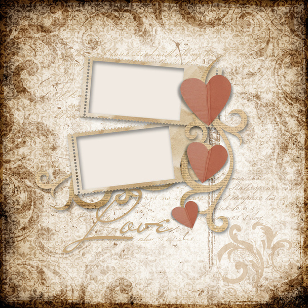 Grunge background with stamp-frames and paper heart - Foto, Imagem