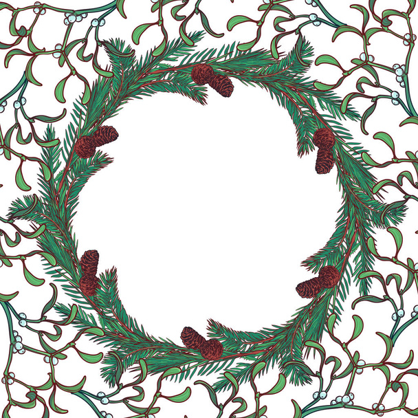 Christmas floral circular frame . Fir tree and mistletoe branches with leafs, cones and berries. Christmas greeting card template. - Διάνυσμα, εικόνα