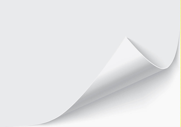 Pagina krullen met schaduw op een blanco vel papier, design element voor reclame en promotionele boodschap geïsoleerd op witte achtergrond. EPS 10-vectorillustratie. - Vector, afbeelding