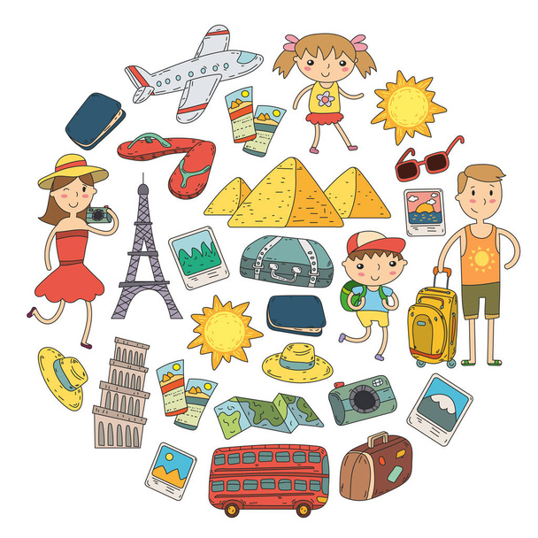Doodle vector set Travel , vacation, adventure. Children with parents Preparing for your journey. Kindergarten, school summer vacation Kids drawing - Vetor, Imagem