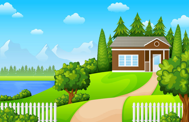 Paisaje verde con casa cerca del lago y las montañas
 - Vector, Imagen