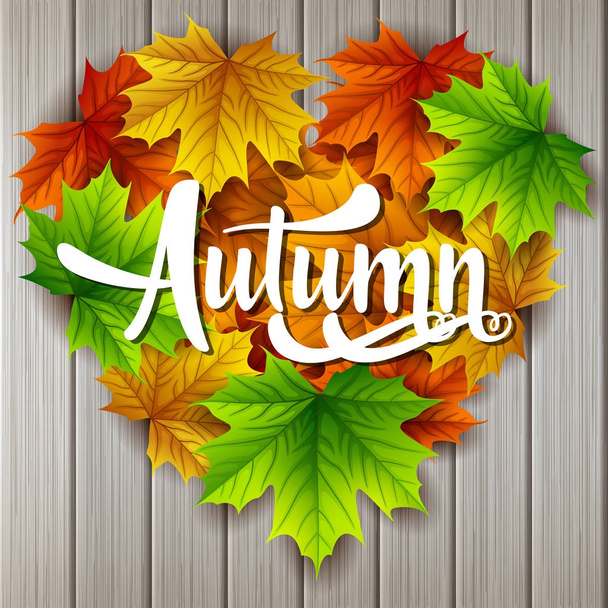 Liście jesienią tło z klon kształt serca na tle płyty drewna - Wektor, obraz