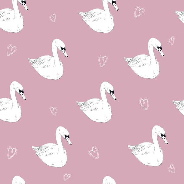 Seamless pattern with white swans. White swans on black backgrou - Vetor, Imagem