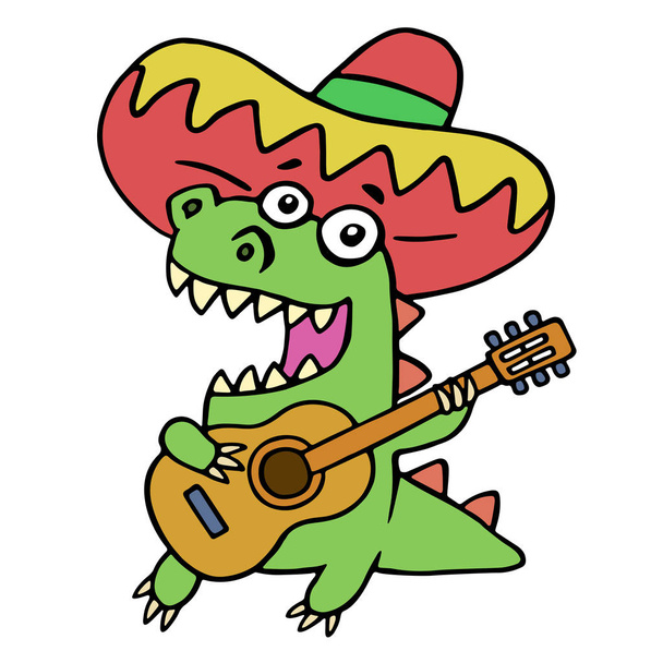 Green dragon in Mexican hat and with guitar on white background. Vector illustration. - Vector, Imagen
