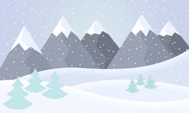 Wektor ilustracja Płaska konstrukcja śnieżna zima góry krajobraz wzgórz, drzew iglastych i płatki śniegu na zimowy dzień pod szarym niebo - nadaje się do życzenia bożonarodzeniowe - Wektor, obraz